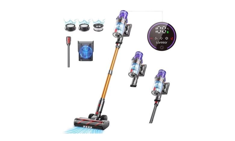 Laresar V7 500W cordless vacuum cleaner with removable battery and dust cup