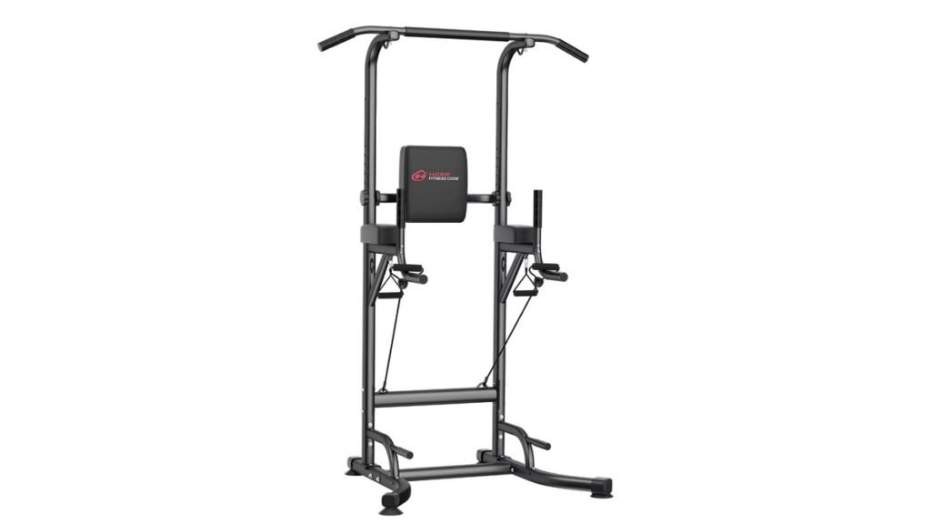Adjustable power tower pull-up and dip station for home bodyweight fitness training