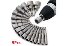 Nine piece hex nut driver socket bit set with 5mm to 13mm advertised sizes