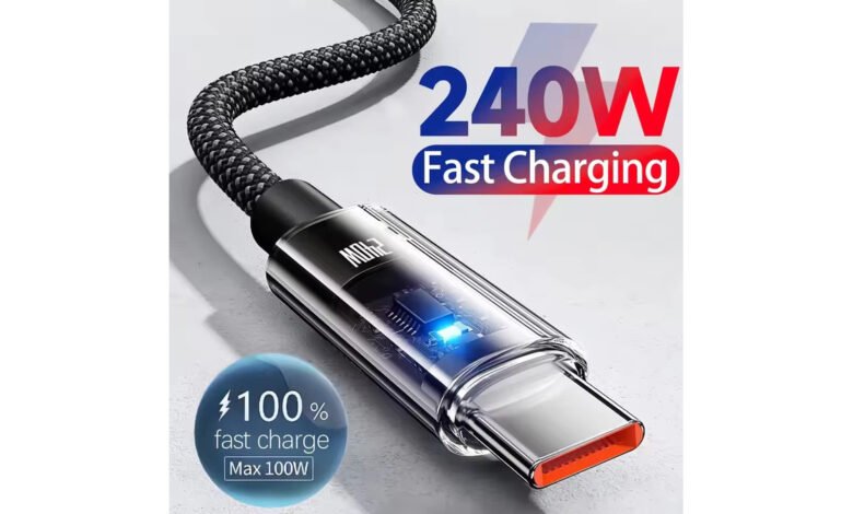 Nylon braided USB-C charging cable with LED digital power display